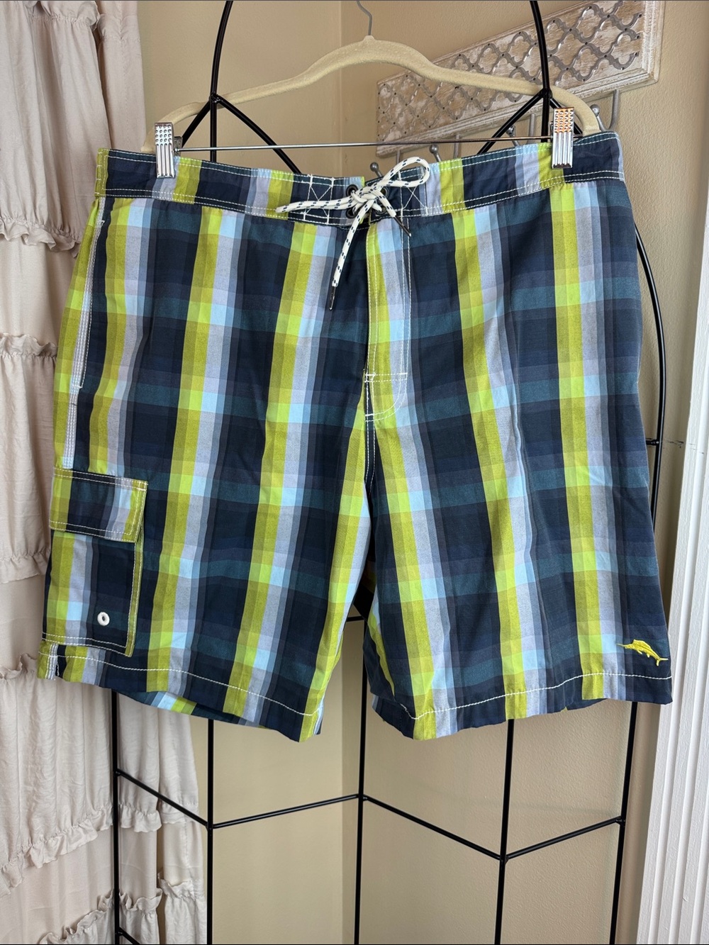 Tommy Bahama Plaid Swim Board Shorts in Navy, Lime & Light Blue Size XL EUC